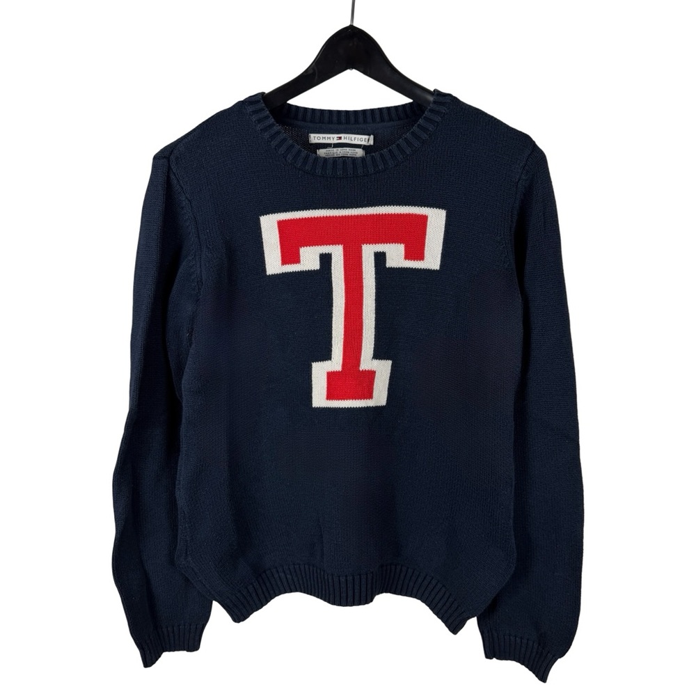 Women’s Y2K Tommy Hilfiger Knit Preppy Flag Pullover Blue Sweater Size M